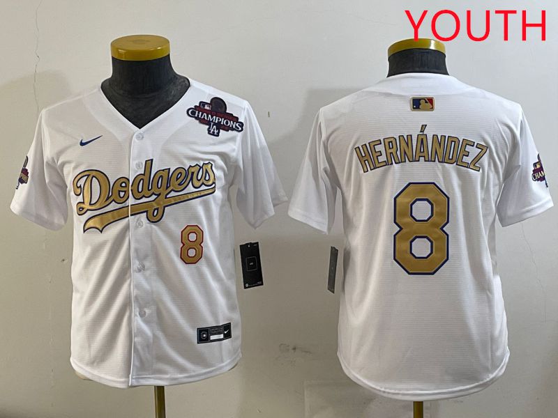 Youth Los Angeles Dodgers 8 Hernandez White Champion gold character 2025 Nike MLB Jersey style 2